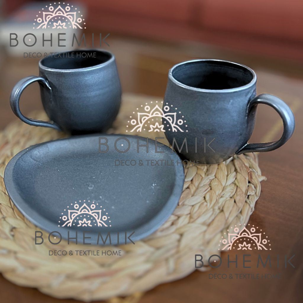 Set 2 Mug y Plato en Cerámica Gres color negro