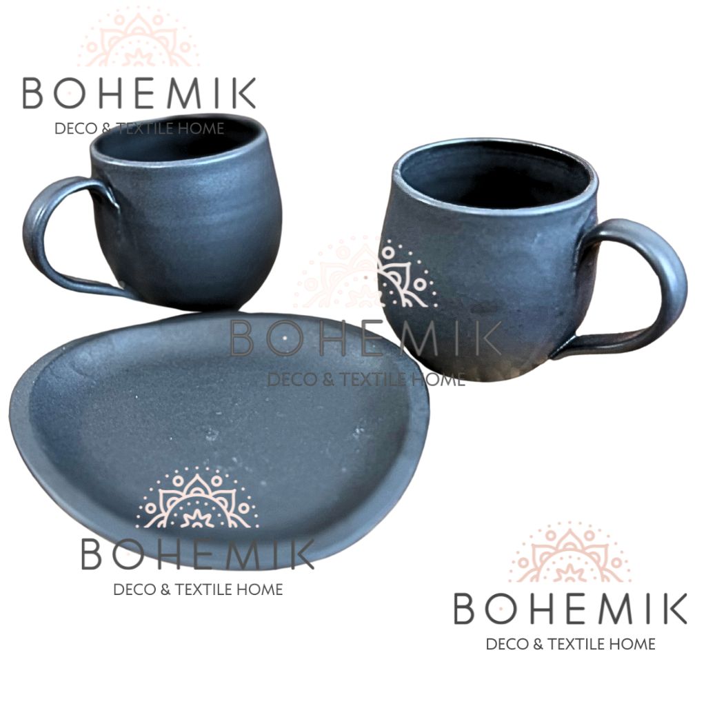 Set 2 Mug y Plato en Cerámica Gres color negro