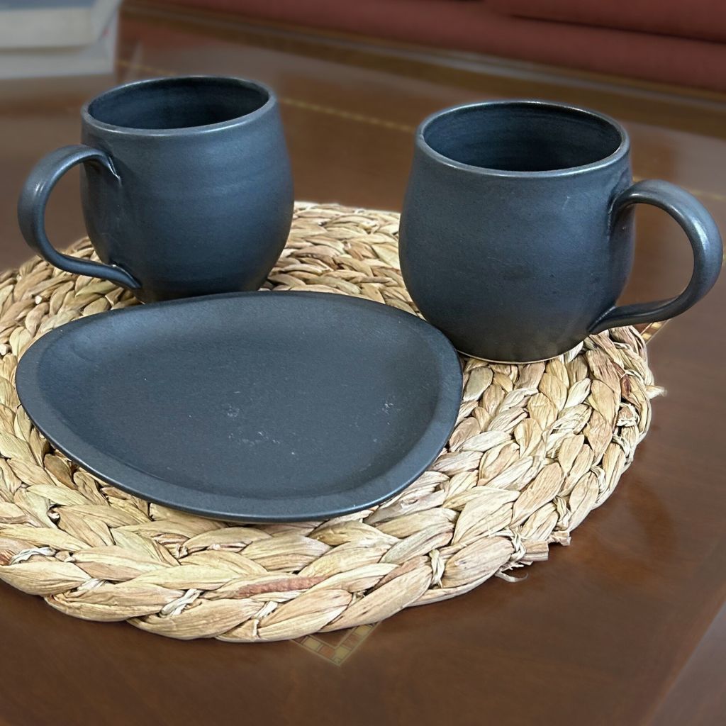 Set 2 Mug y Plato en Cerámica Gres color negro