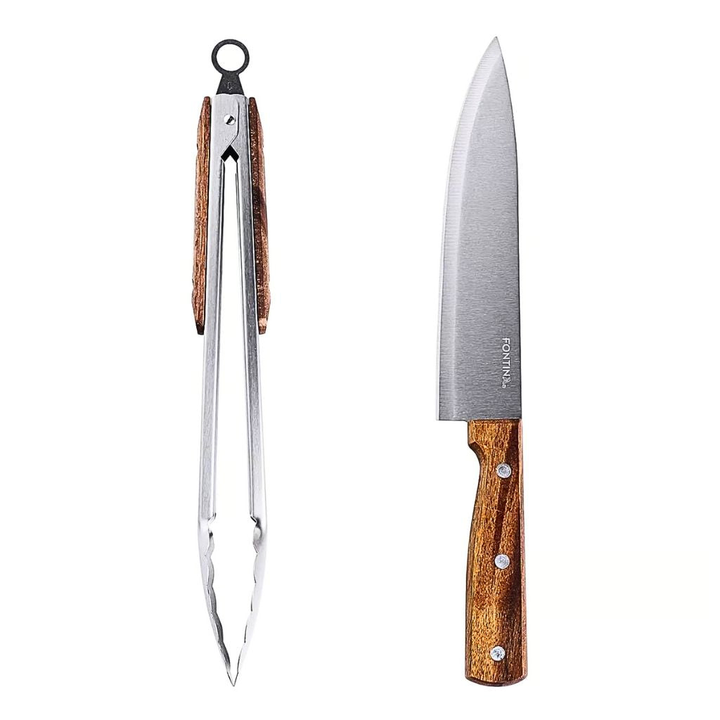 Set Parrillero Cuchillo + Tenazas Fontina Acero Mango Madera