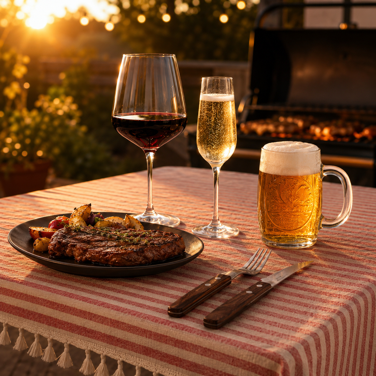 Set Mesa Parrillera Tramontina con Copas Bekaa, Vasos Vikings y Mantel