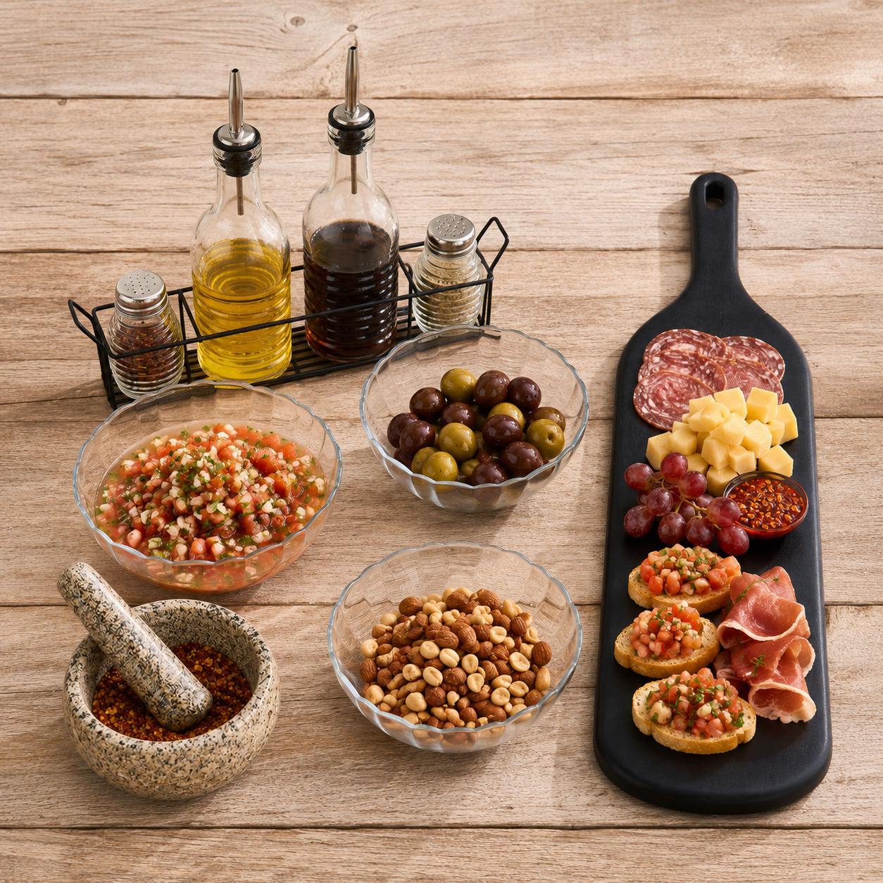 Set Pebre Chileno con Mortero, Alcuza, Ensaladeras Bella y Tabla Coquinaria