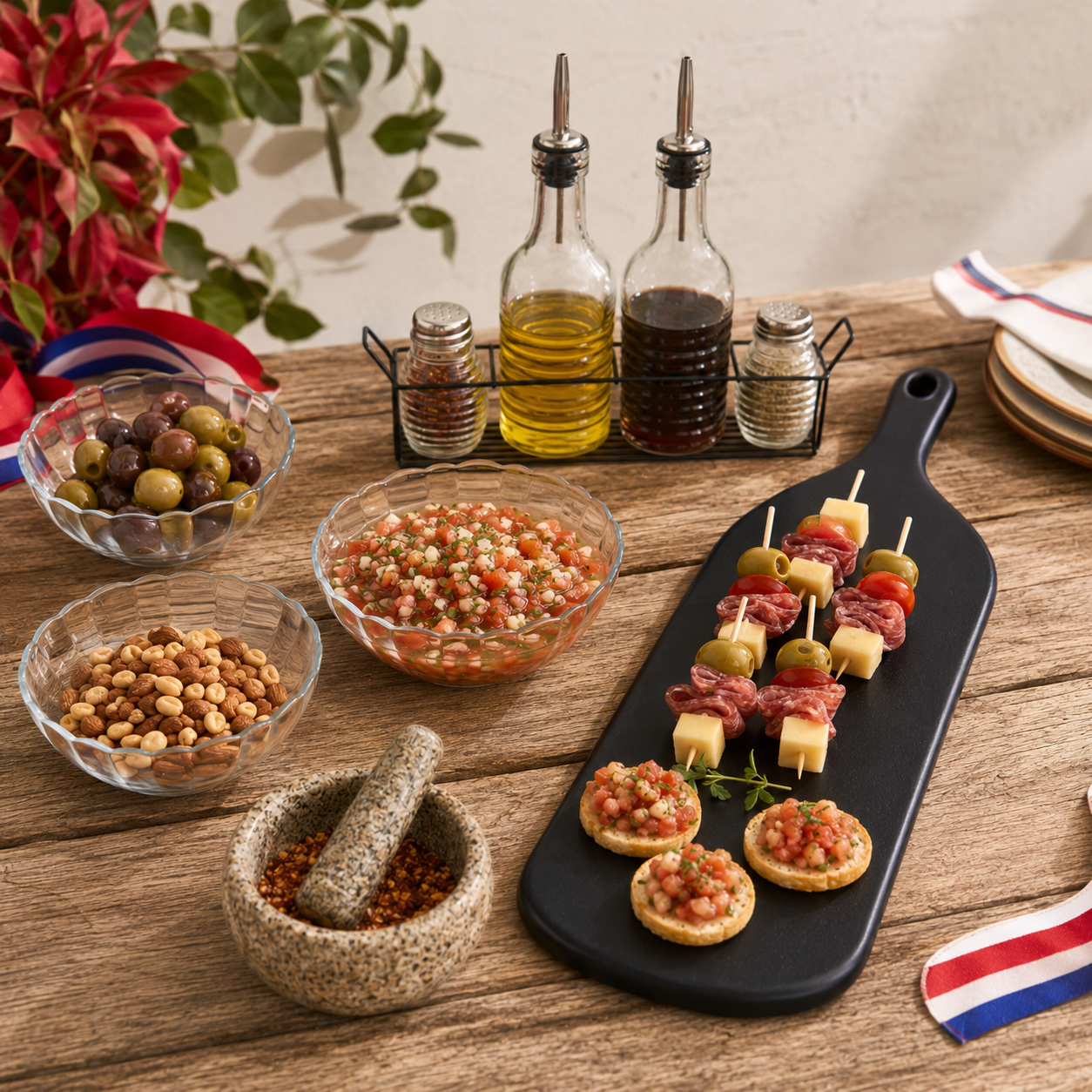 Set Pebre Chileno con Mortero, Alcuza, Ensaladeras Bella y Tabla Coquinaria