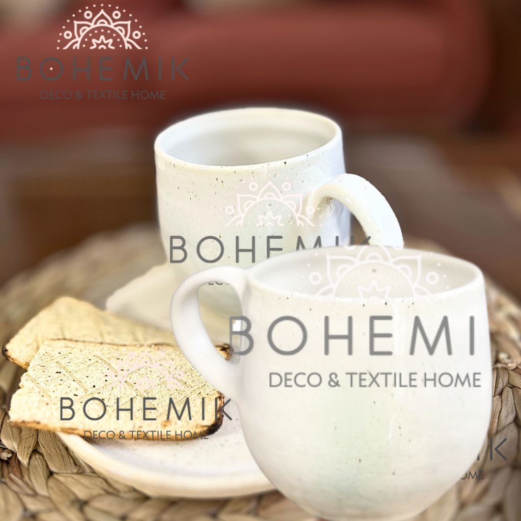 Set 2 Mug y 1 Plato en Cerámica Gres color crema