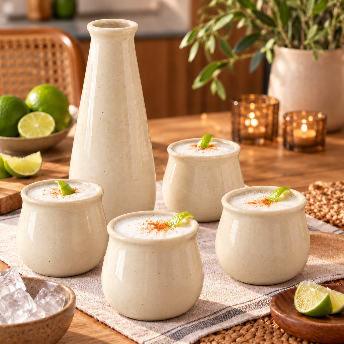 Set Pisco Sour Cerámica Gres con Jarro y 4 Vasos – 5 Piezas