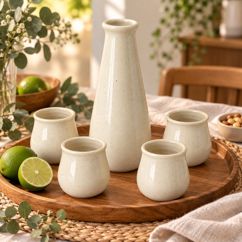 Set Pisco Sour Cerámica Gres con Jarro y 4 Vasos – 5 Piezas