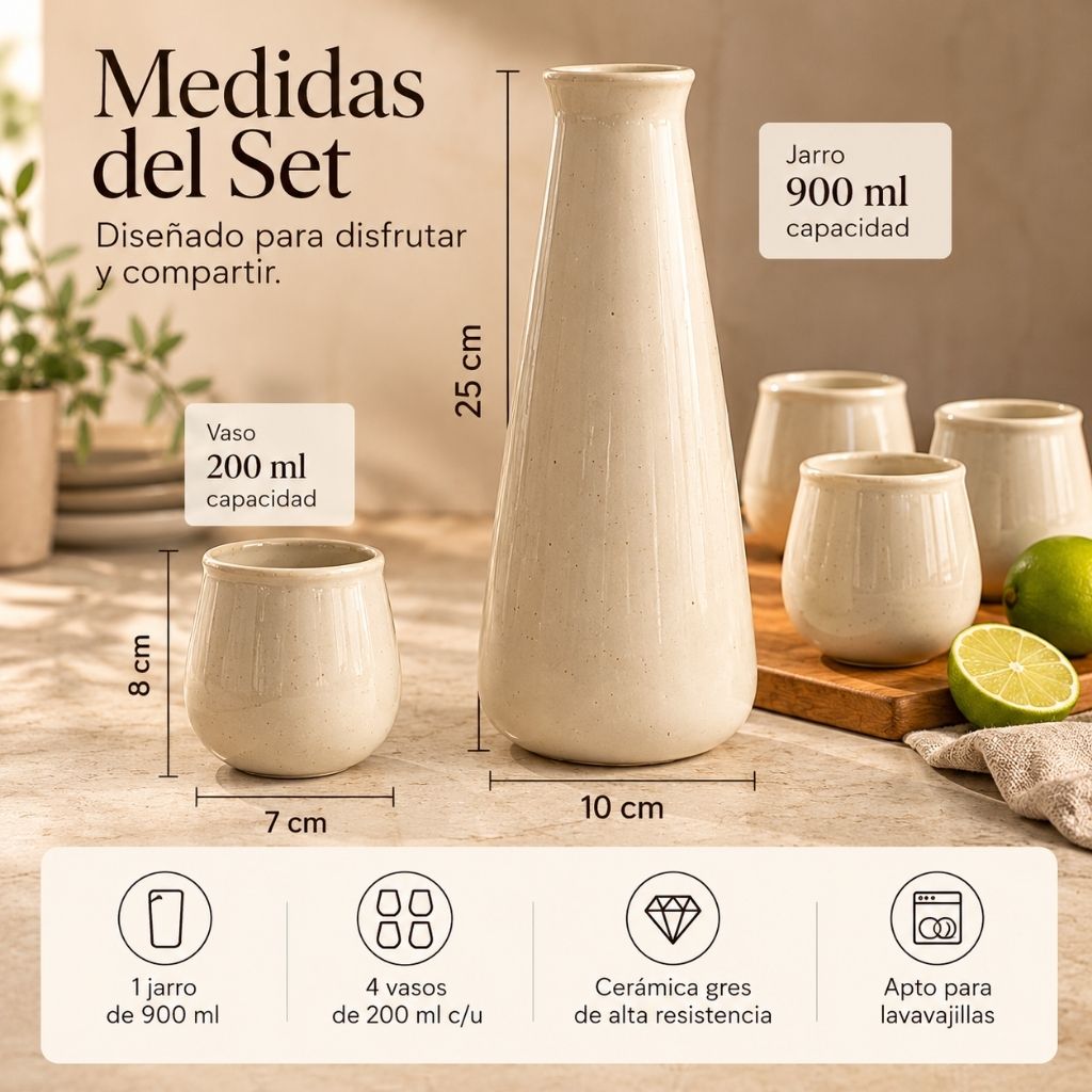 Set Pisco Sour Cerámica Gres con Jarro y 4 Vasos – 5 Piezas