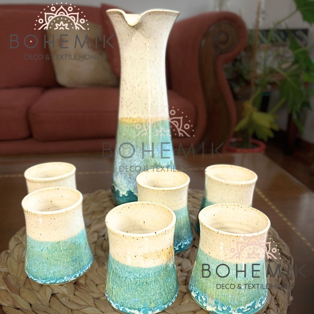 Set Jarra y Vasos para Pisco Sour Esmeralda y Crema