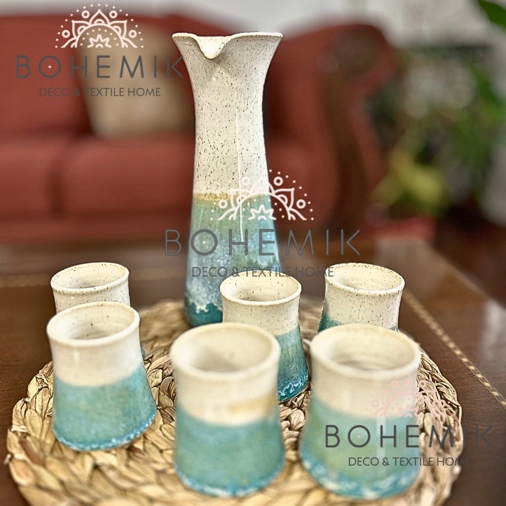 Set Jarra y Vasos para Pisco Sour Esmeralda y Crema