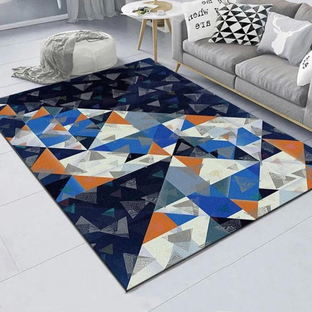 Alfombra Geométrica Moderna en Tonos Azules y Cálidos – Estilo Contemporáneo 160 cm x 230 cm