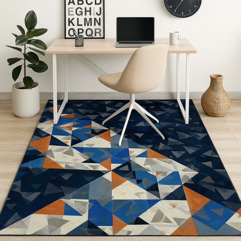 Alfombra Geométrica Moderna en Tonos Azules y Cálidos – Estilo Contemporáneo 160 cm x 230 cm