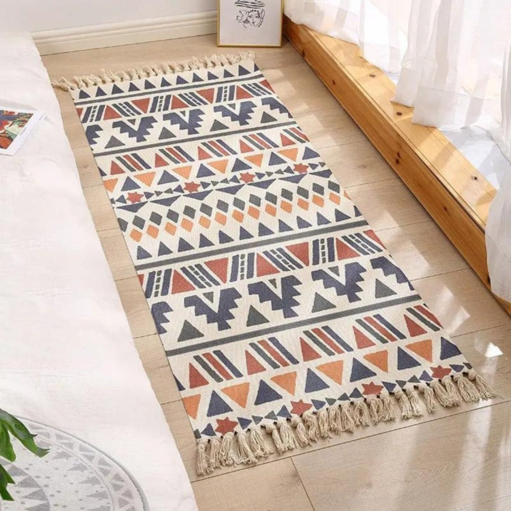 Alfombra Estilo Azteca con Flecos en Tonos Terracota y Azul - Ideal para Pasillos o Dormitorios