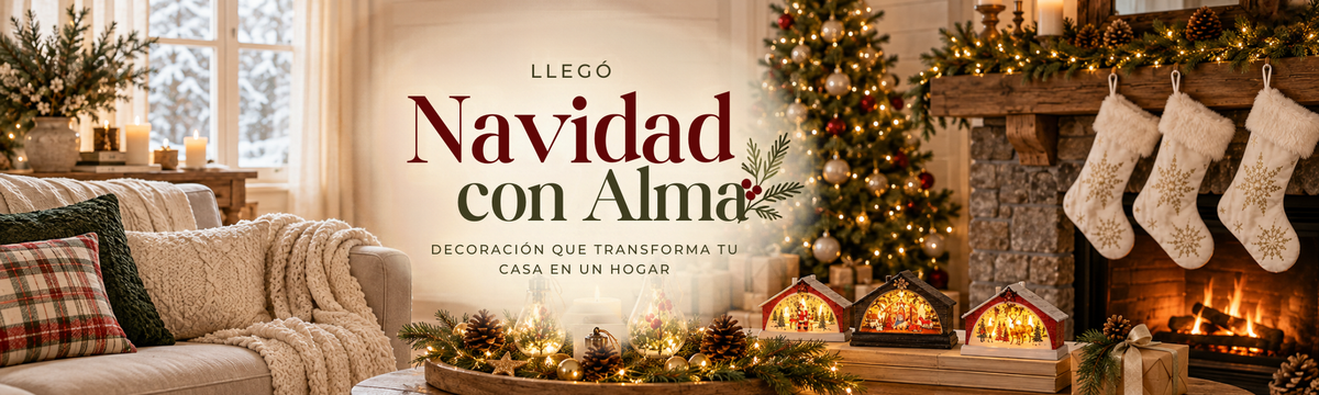 Navidad con Alma Bohemik: living decorado con árbol navideño, cojines, mantas, casas luminosas, guirnaldas y adornos de Navidad