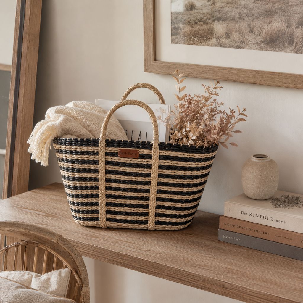 Bolso Janet Boho de fibra natural con Líneas Negras Tejido a Mano 45 cm x 27 cm