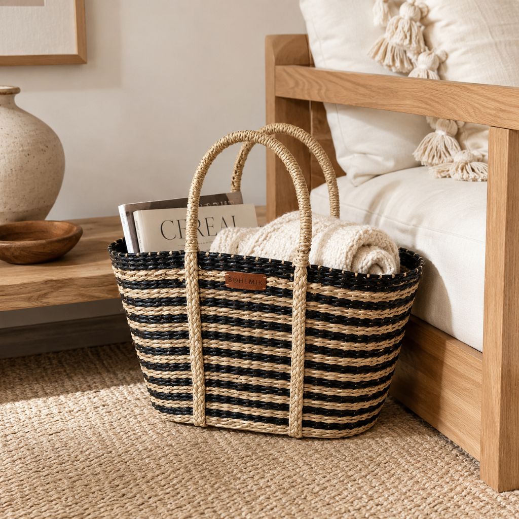 Bolso Janet Boho de fibra natural con Líneas Negras Tejido a Mano 45 cm x 27 cm