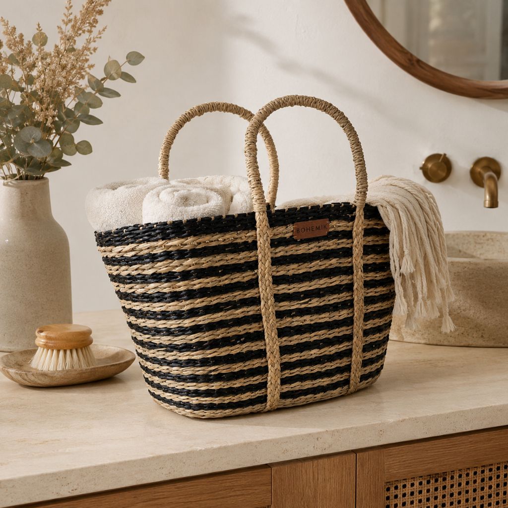 Bolso Janet Boho de fibra natural con Líneas Negras Tejido a Mano 45 cm x 27 cm