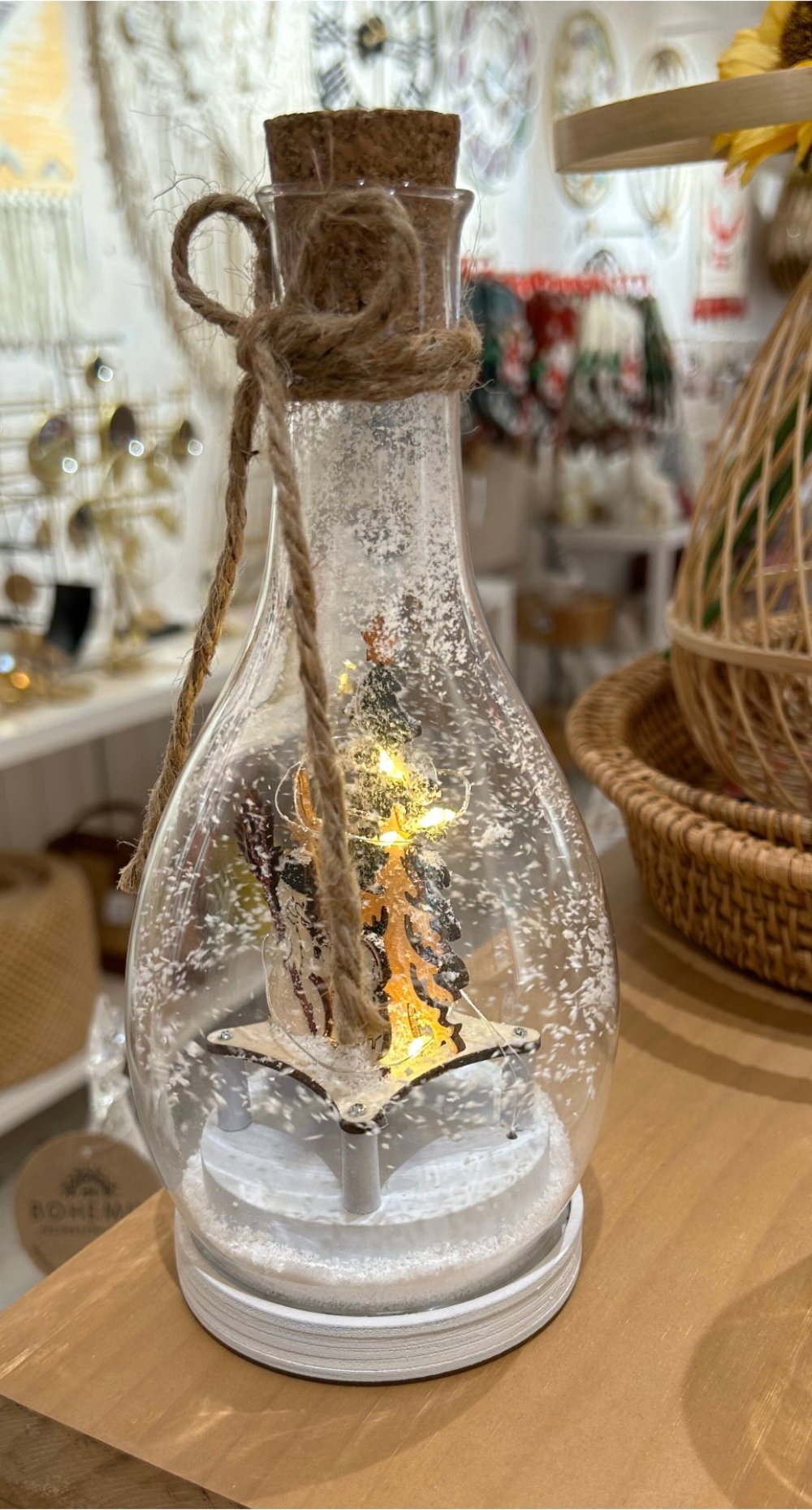 Adorno Navidad Botella luminosa y nieve en movimiento Boho 23 cm