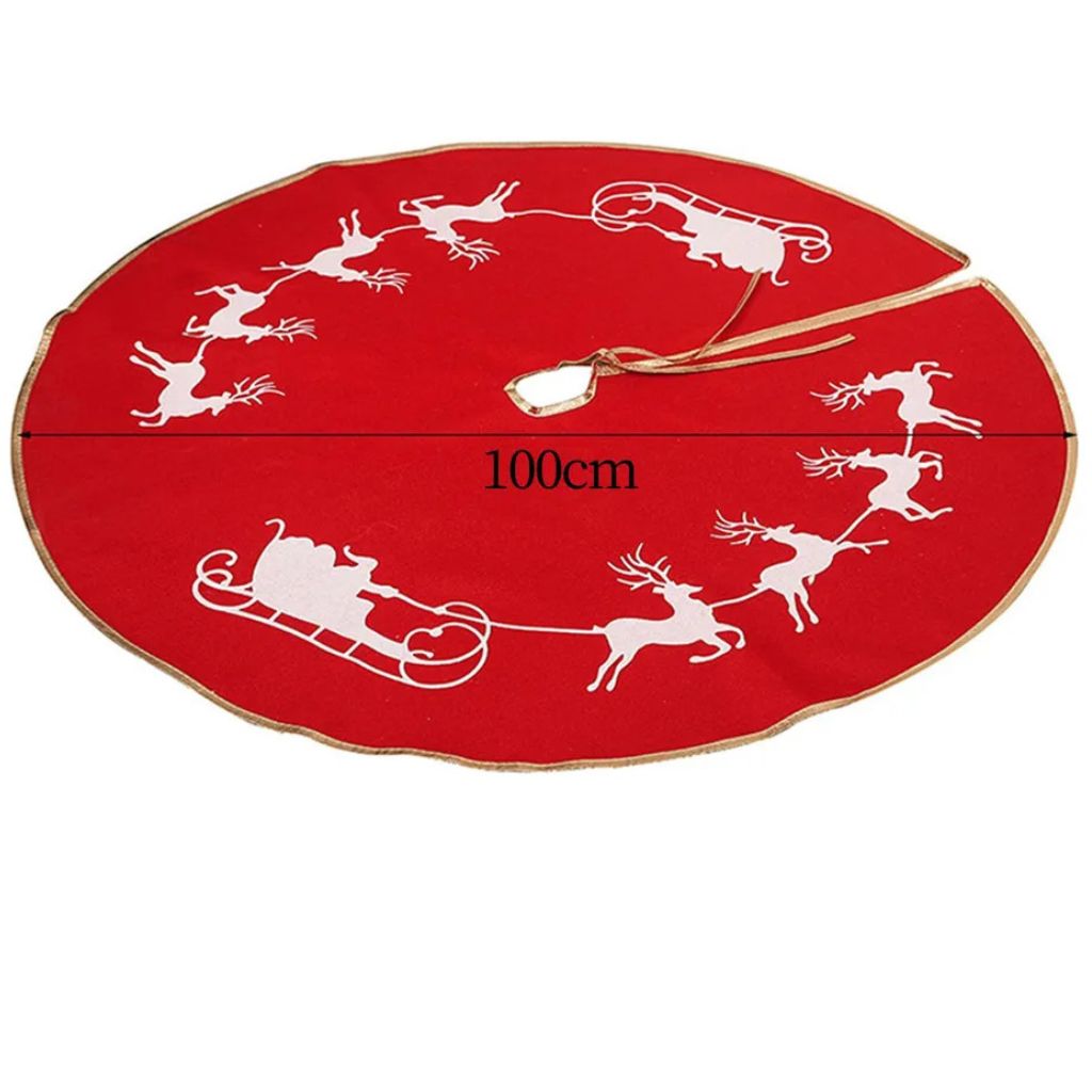 Faldon Arbol de navidad rojo con trineo color blanco, y con indicación de medida de 100 cm