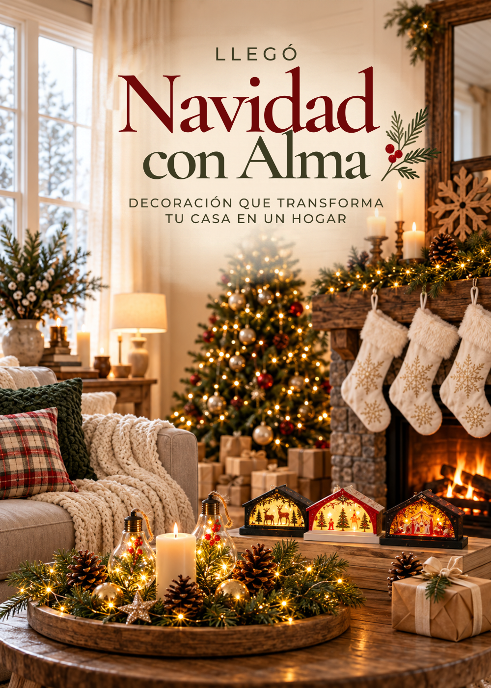 Decoración navideña Bohemik: living acogedor con árbol de Navidad, chimenea, casas luminosas, velas y adornos.