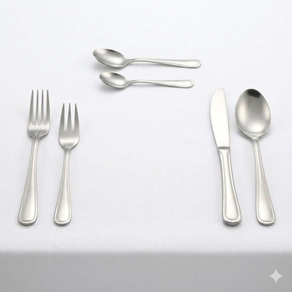 Set Mantel redondo 220 cm gris y Cuchillería 72 piezas para 12 personas