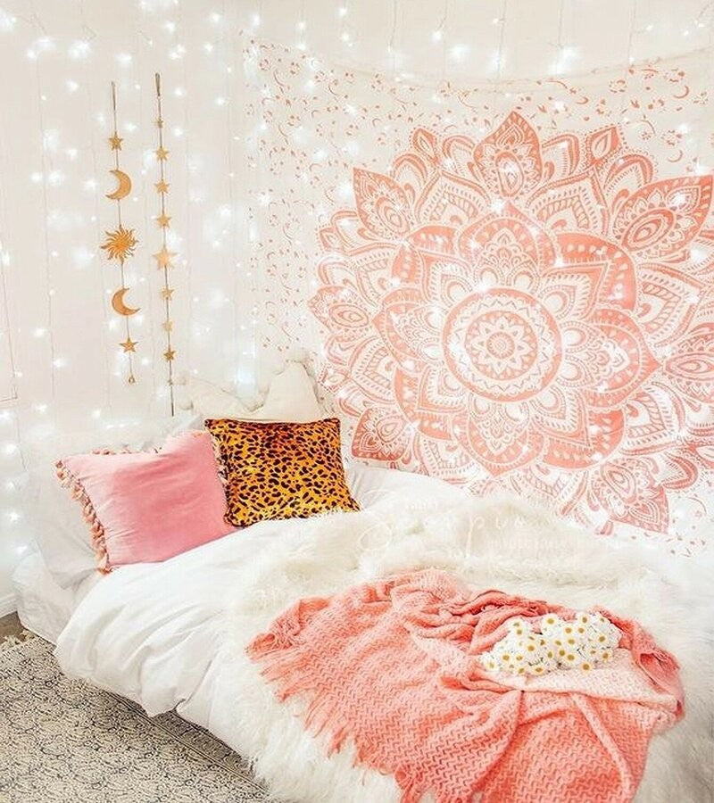 Tapiz estampado mándala rosa + soporte