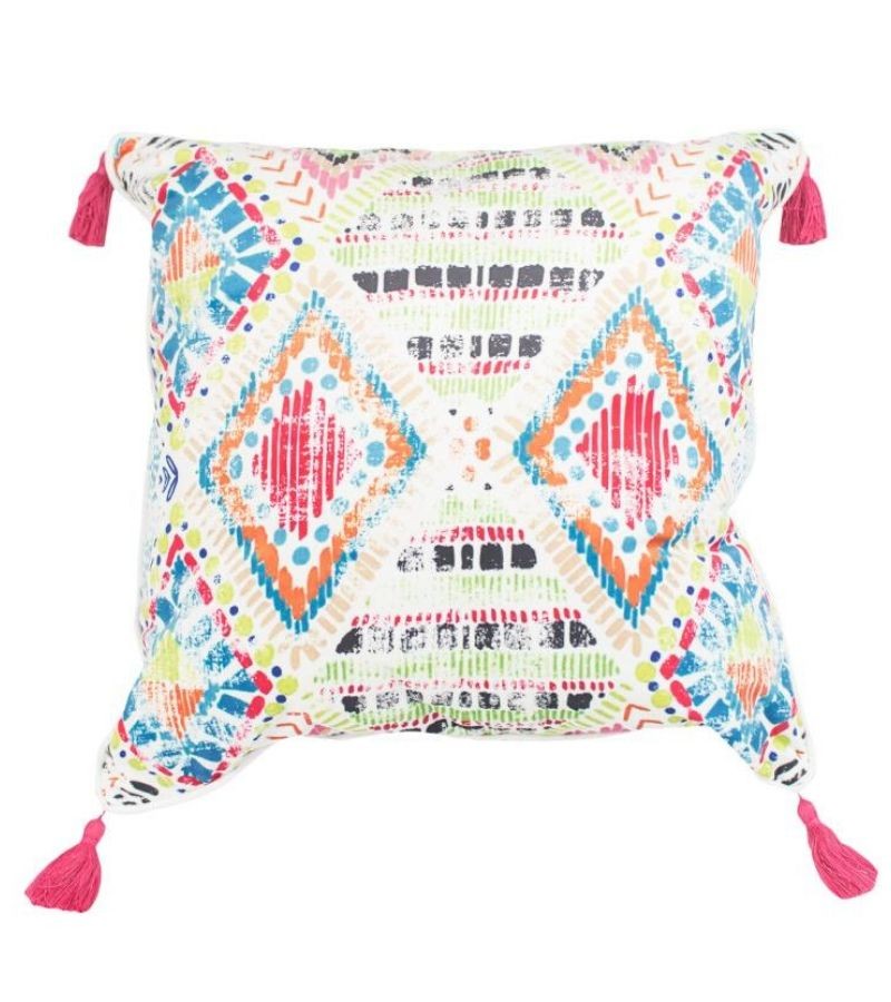 Cojín estampado geométrico multicolor con 4 borlas