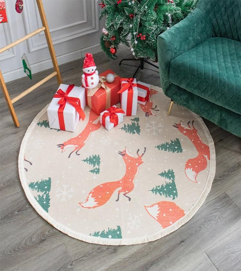 Alfombra Navidad Redonda Pinos Navideños y Zorros