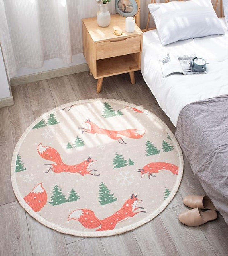 Alfombra Navidad Redonda Pinos Navideños y Zorros
