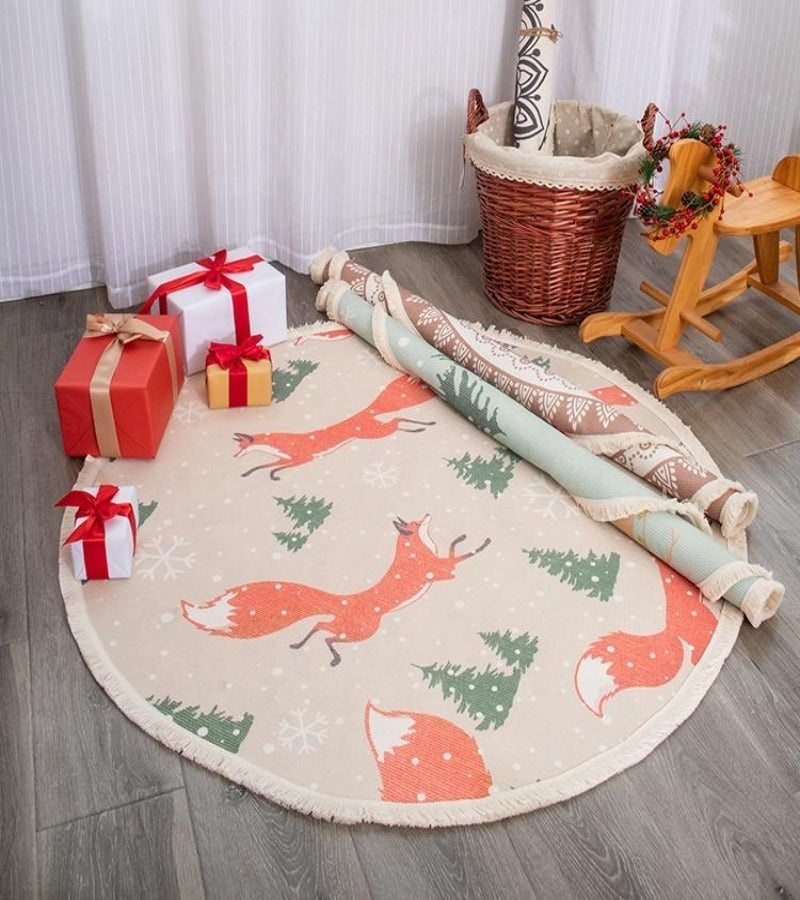 Alfombra Navidad Redonda Pinos Navideños y Zorros