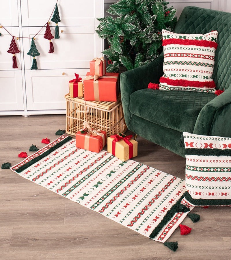Alfombra Navidad Bordada Vivos Verde con Borlas