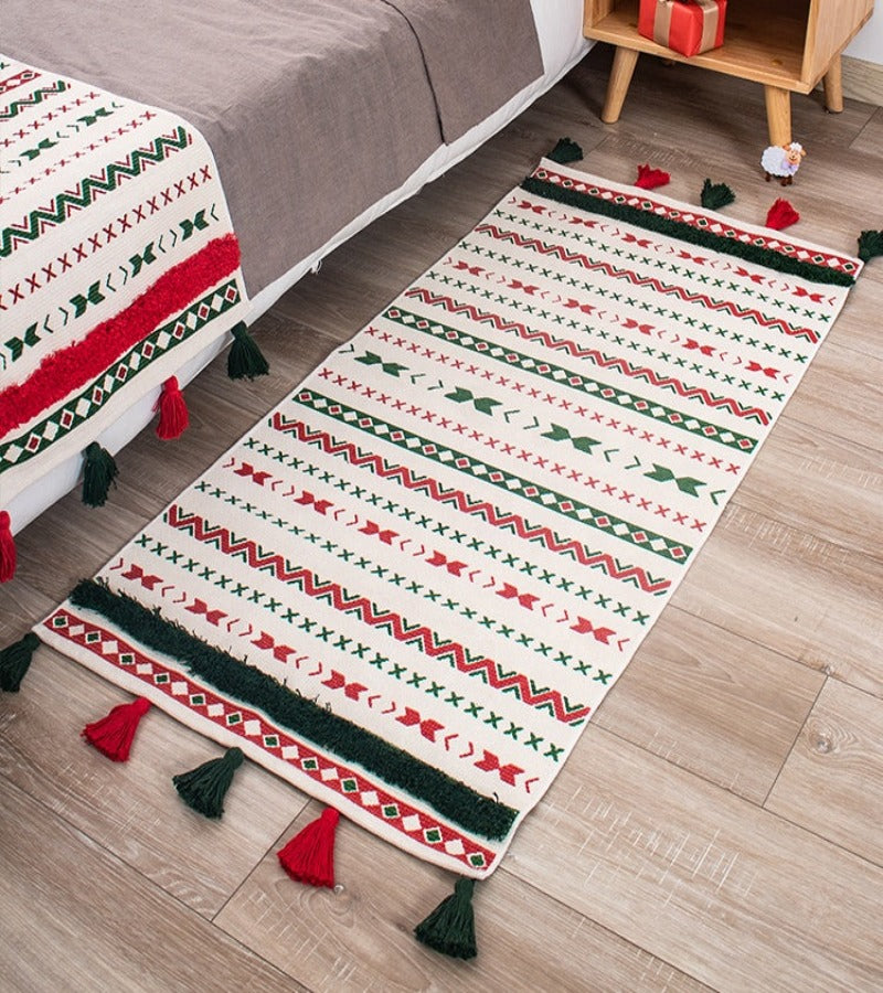 Alfombra Navidad Bordada Vivos Verde con Borlas