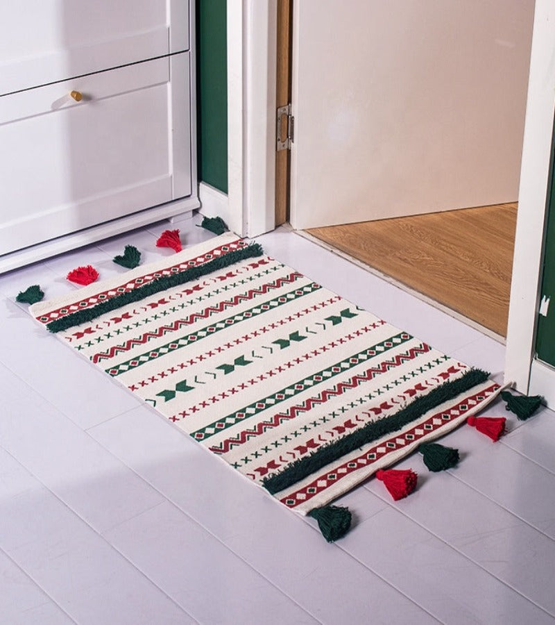 Alfombra Navidad Bordada Vivos Verde con Borlas