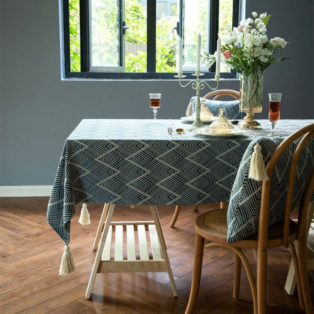 Mantel Rectangular Azul Bordado Lineas ZigZag Beige