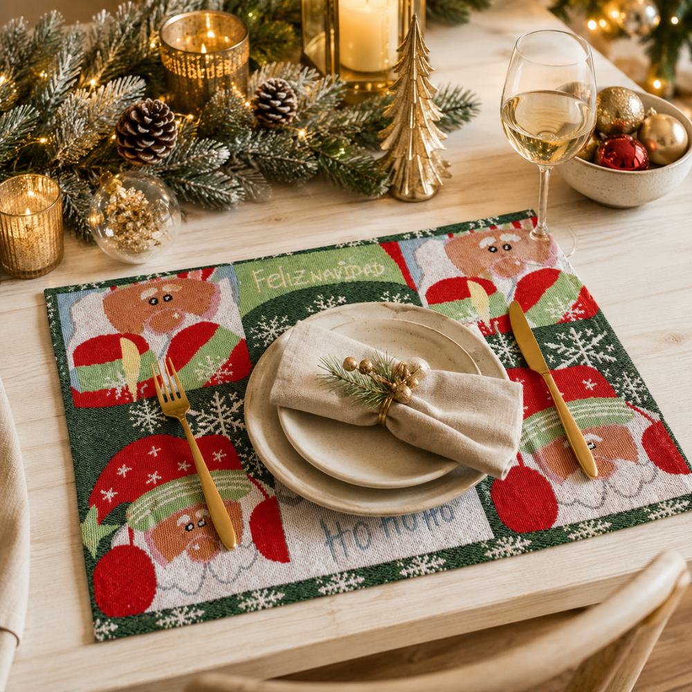 Set de 4 Individuales Navideños Viejo pascuero tonos verde y rojo