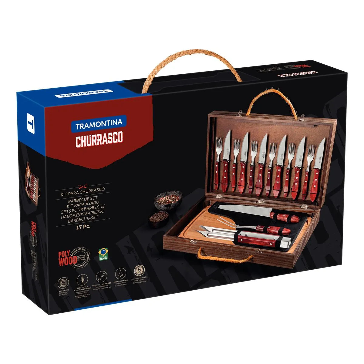 Kit para asado Tramontina con Cubiertos Jumbo de Acero Inoxidable y Mango Rojo Polywood con Tabla y Estuche de Madera, 17 piezas.