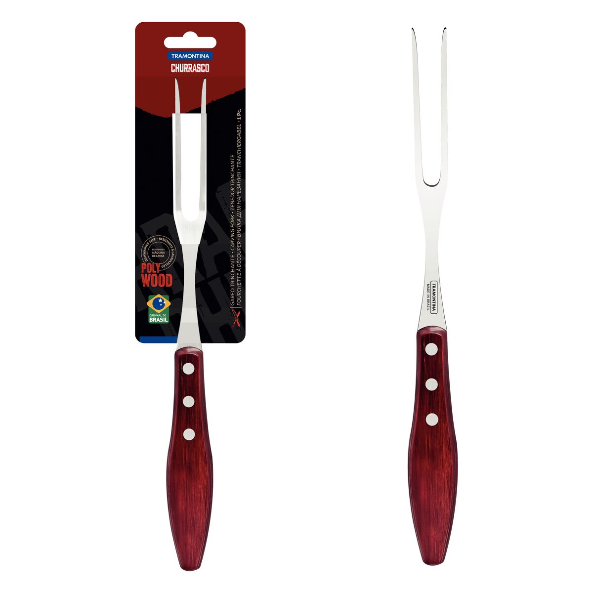 Kit para asado Tramontina con Cubiertos Jumbo de Acero Inoxidable y Mango Rojo Polywood con Tabla y Estuche de Madera, 17 piezas.
