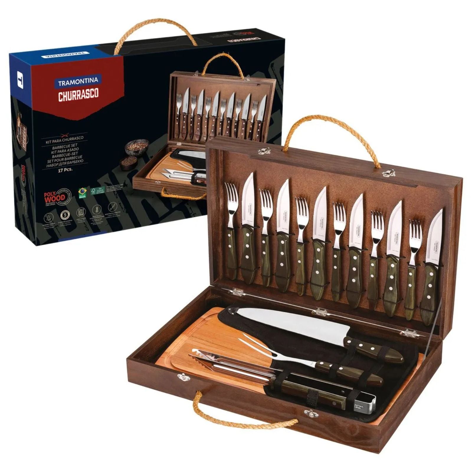 Kit para asado Tramontina con Cubiertos Jumbo de Acero Inoxidable, Mango Castaño Polywood con Tabla y Estuche de Madera, 17 piezas.