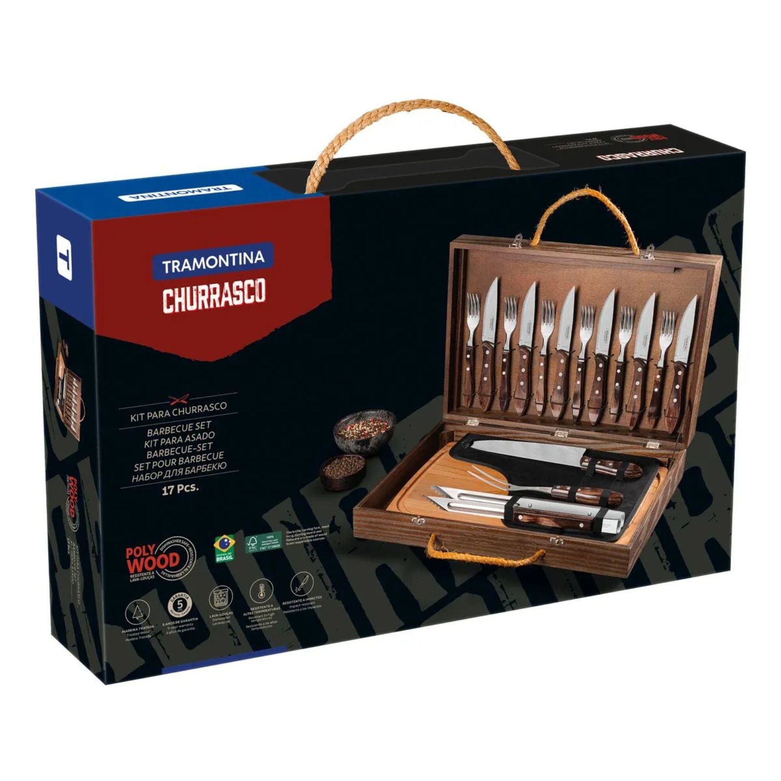Kit para asado Tramontina con Cubiertos Jumbo de Acero Inoxidable, Mango Castaño Polywood con Tabla y Estuche de Madera, 17 piezas.