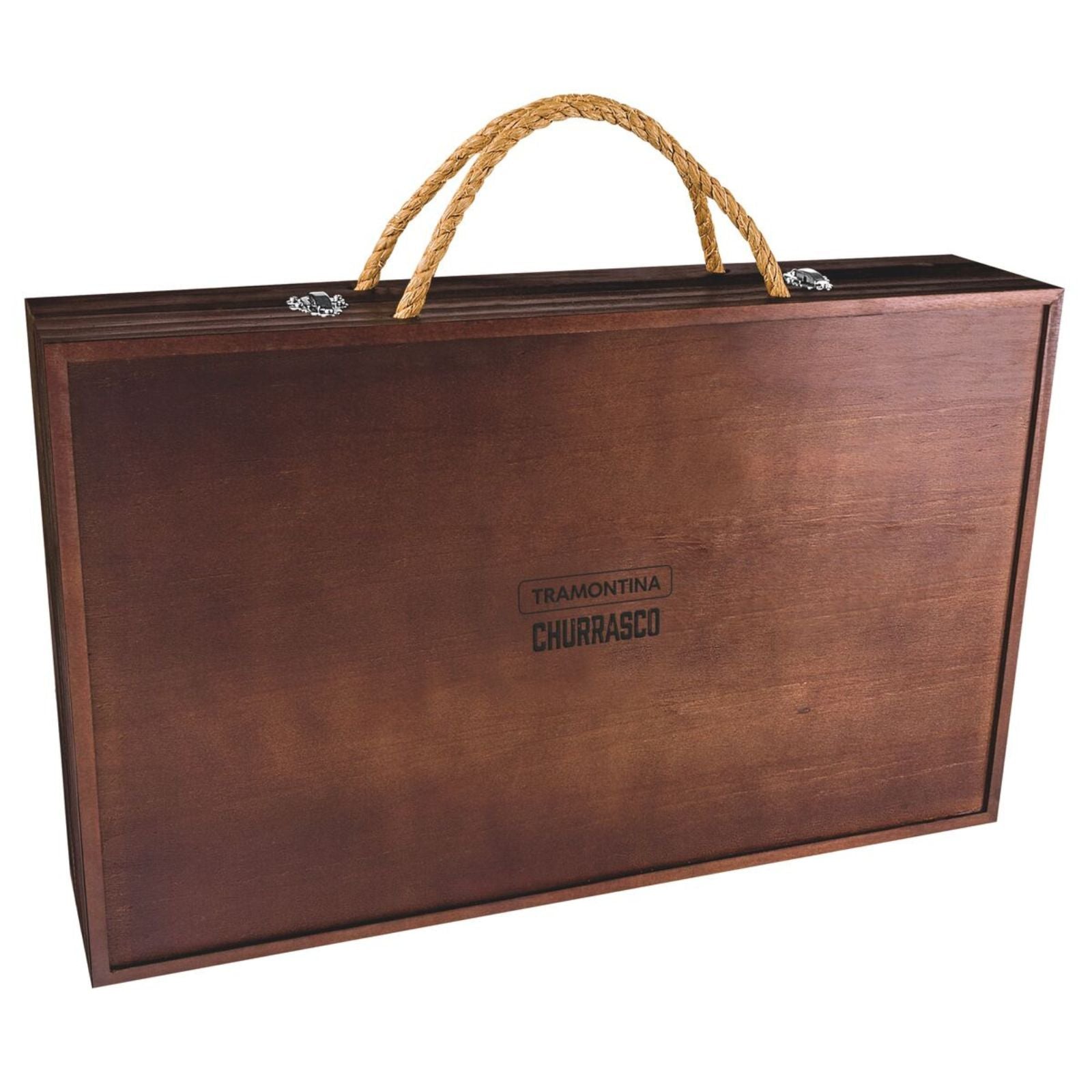 Kit para asado Tramontina con Cubiertos Jumbo de Acero Inoxidable, Mango Castaño Polywood con Tabla y Estuche de Madera, 17 piezas.