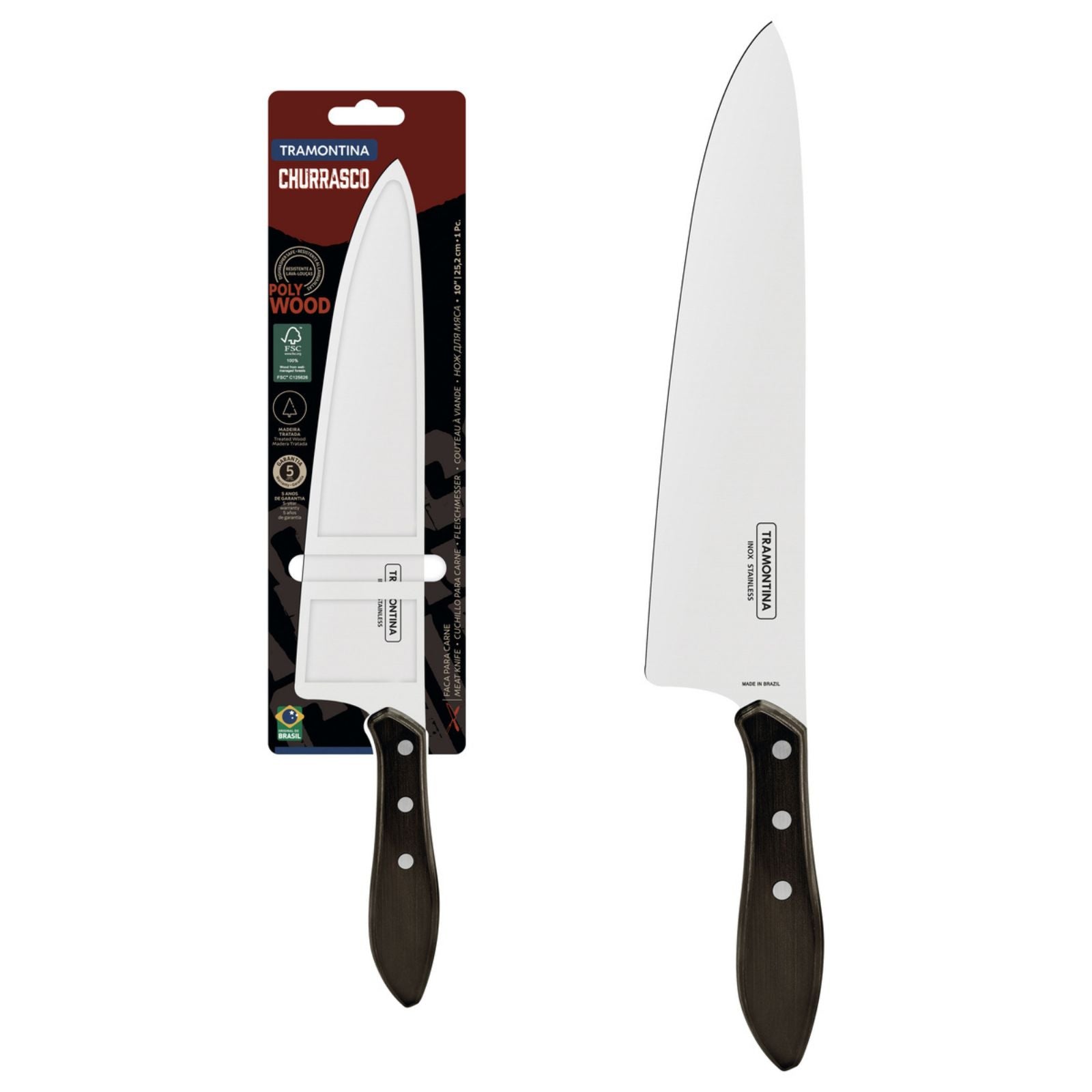 Kit para asado Tramontina con Cubiertos Jumbo de Acero Inoxidable, Mango Castaño Polywood con Tabla y Estuche de Madera, 17 piezas.