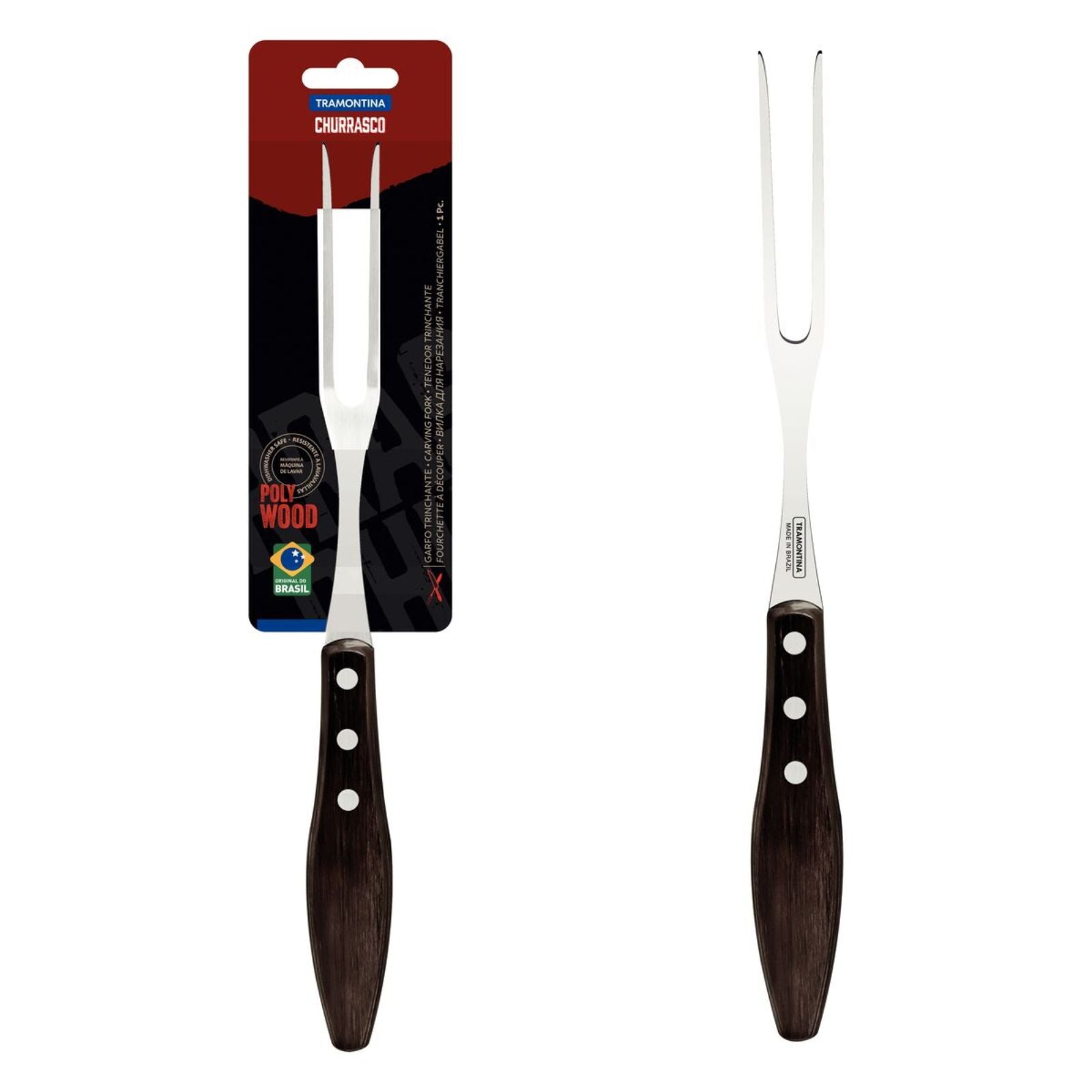 Kit para asado Tramontina con Cubiertos Jumbo de Acero Inoxidable, Mango Castaño Polywood con Tabla y Estuche de Madera, 17 piezas.