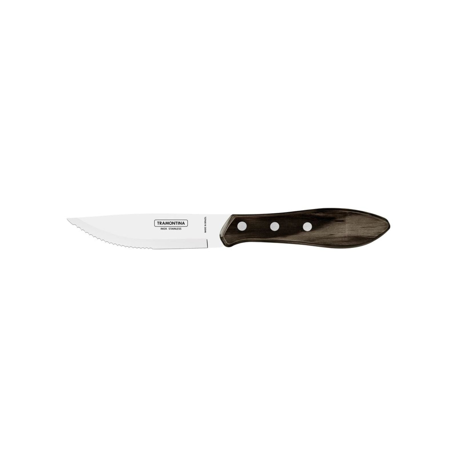 Kit para asado Tramontina con Cubiertos Jumbo de Acero Inoxidable, Mango Castaño Polywood con Tabla y Estuche de Madera, 17 piezas.