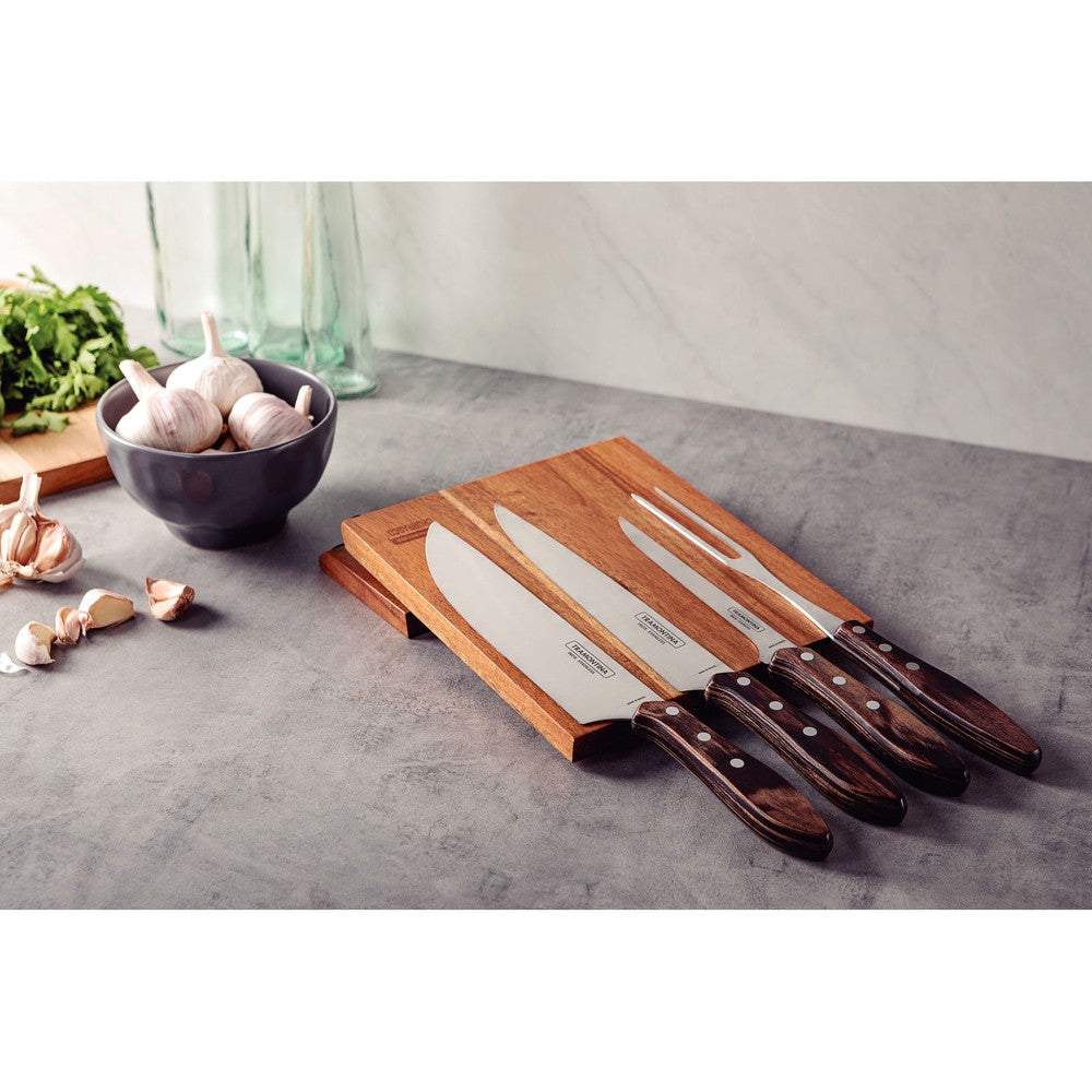 Juego para Asado Tramontina con Láminas de Acero Inoxidable y Mangos de Madera Polywood Castaño 5 Piezas