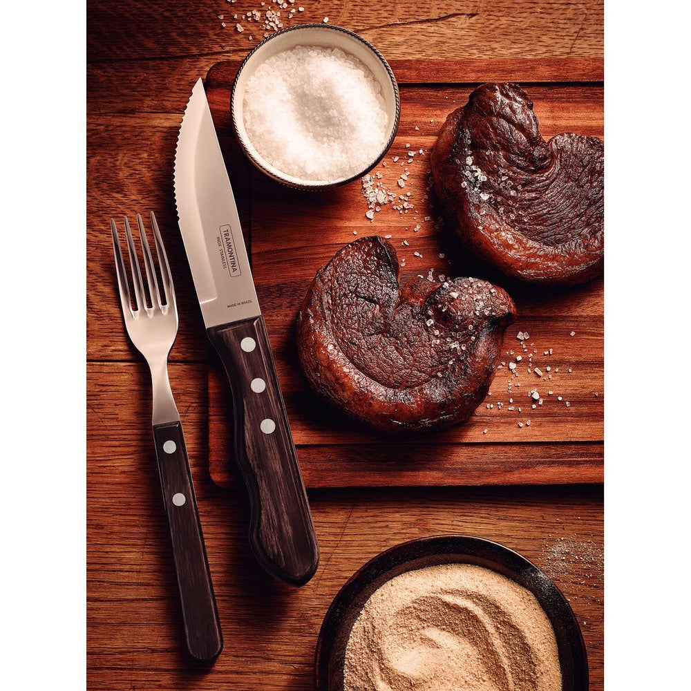 Juego de Cubiertos para Asado Jumbo Tramontina de Acero Inoxidable con Mango Castaño Polywood, 12 piezas.