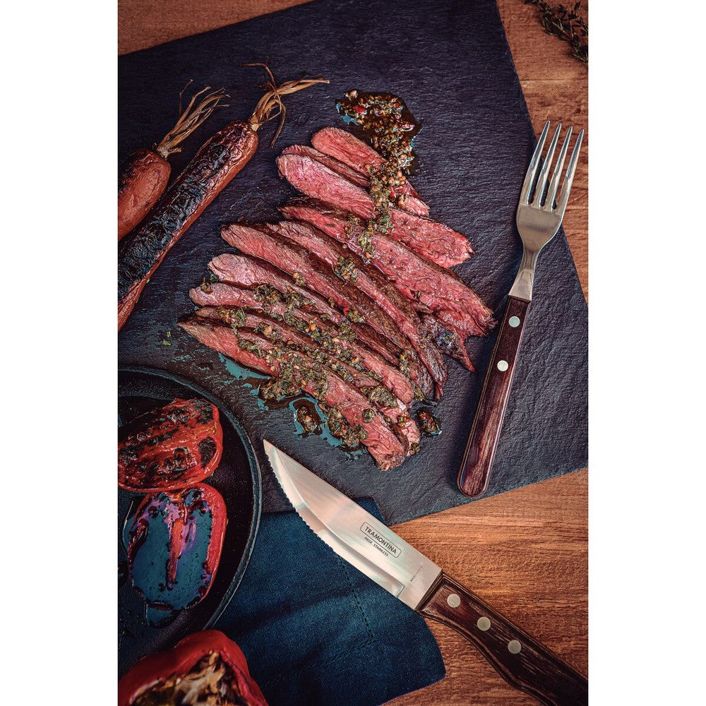 Juego de Cubiertos para Asado Jumbo Tramontina de Acero Inoxidable con Mango Castaño Polywood, 12 piezas.