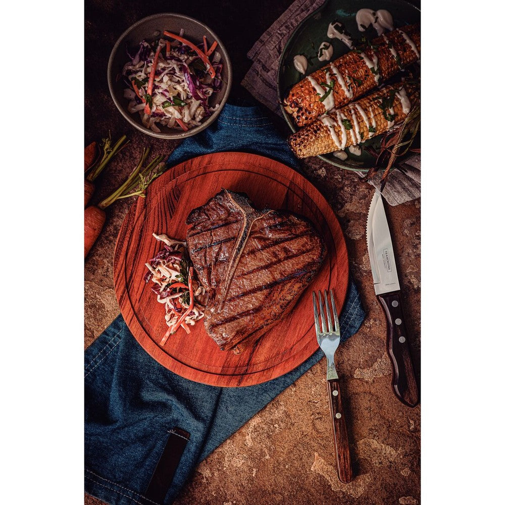 Juego de Cubiertos para Asado Jumbo Tramontina de Acero Inoxidable con Mango Castaño Polywood, 12 piezas.