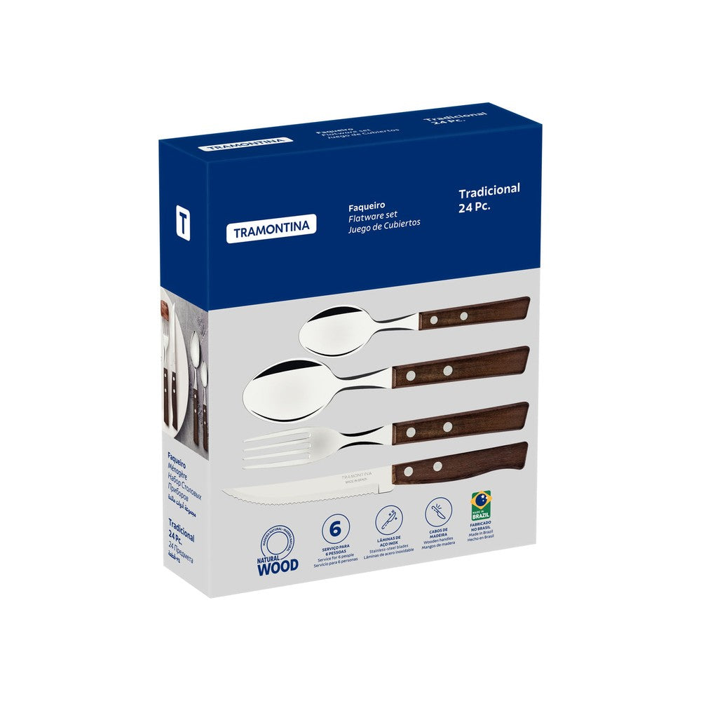 Juego de Cubiertos Tramontina Tradicional con Láminas en Acero Inoxidable y Mangos de Madera Natural 24 Piezas