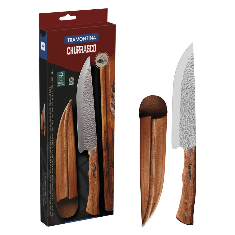 Cuchillo para Carne Tramontina Nômade con Lámina de Acero Inoxidable y Mango de Madera con Vaina de Cuero 8"