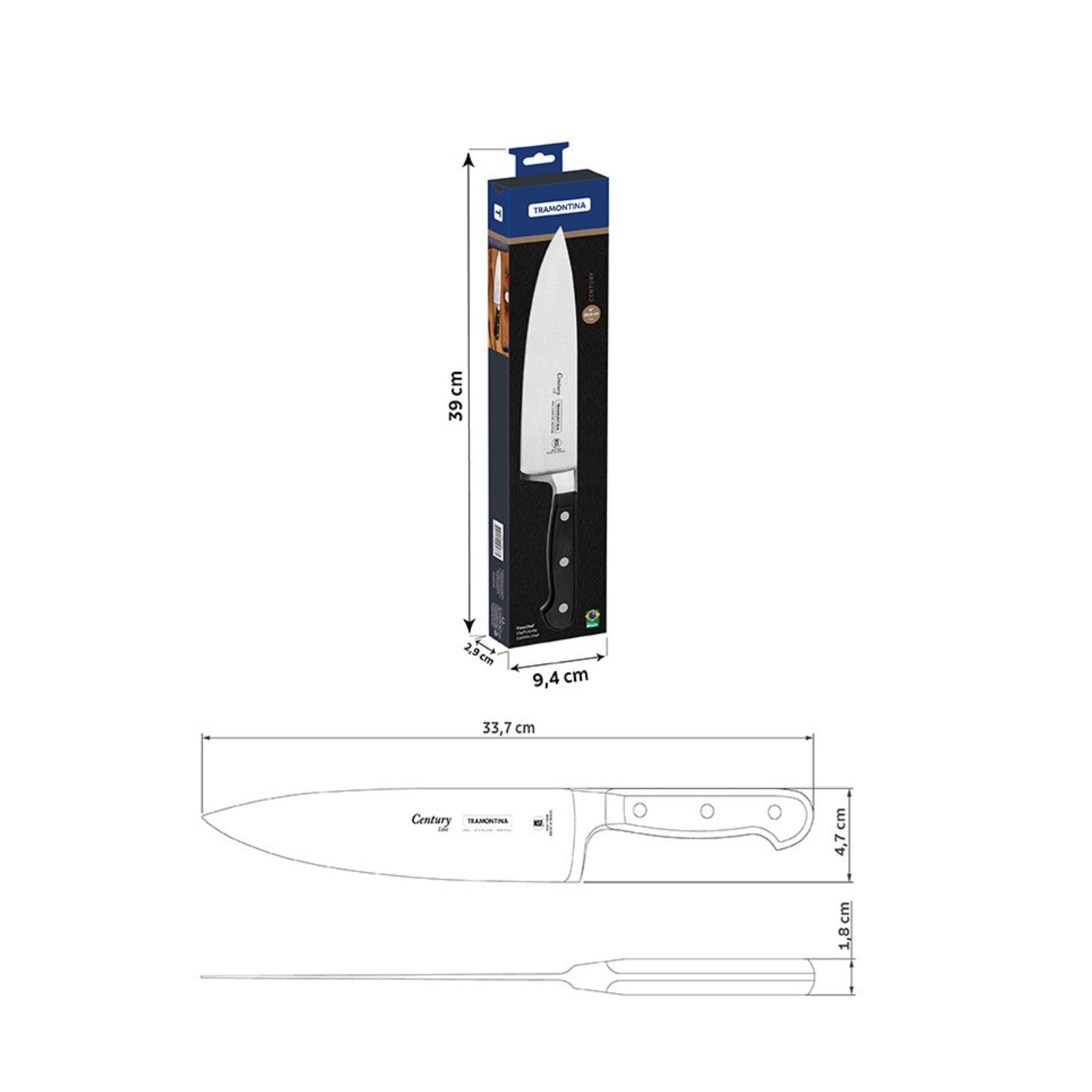 Cuchillo Chef Tramontina Century con Lámina en Acero Inoxidable y Mango en Policarbonato y Fibra de Vidrio 8"