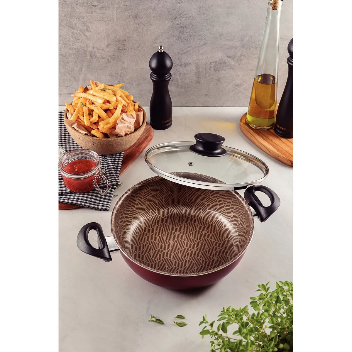 Arrocera Tramontina Paris en Aluminio con Revestimiento Interno y Externo Antiadherente Starflon Max Rojo con Tapa de Vidrio 24 cm 2,8 L